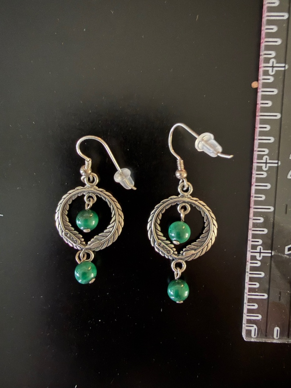 Vintage Earrings 925 Silver And Green Malachite With Feather Hoop Dangle
